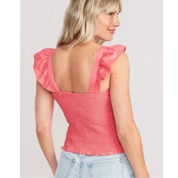 Old Navy Coastal Boho Sleeveless Ruffle Strap Square Neck Smocked Top in Coral M - Picture 2 of 10